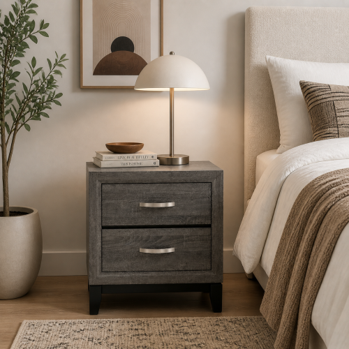 Modern 2 Drawer Nightstand with Wood Grain Finish, Solid Wood Frame Bedside Table