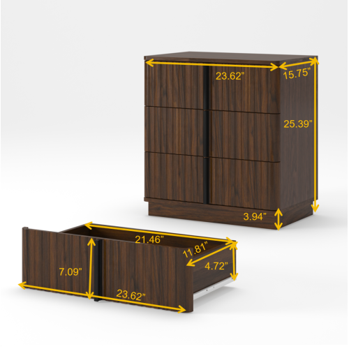 Walnut Vintage Nightstand, 25.39inch Vertical Stripe Cabinet with 3 Drawers