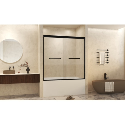 56-60" W × 60" H Tempered Glass with Explosion Proof Film, Aluminum Frame Double Sliding Shower Door, "1/4 (6 mm), Stainless Steel handle, Matte Black