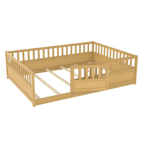 Full Size Floor bed, integral construction with super high security barrier, door, children's floor bed frame, Montessori wooden children's floor bed, Support slat Natural Wood