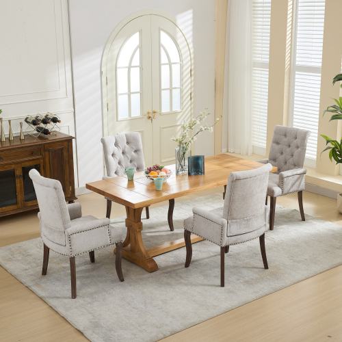 Upholstered Chenille Arm Dining Chair, Tufted Accent Chair with Curved Solid Wood Legs, Beige, Single Pack