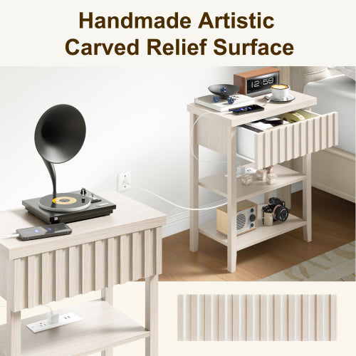 Beige Fluted Nightstand with Charging Station