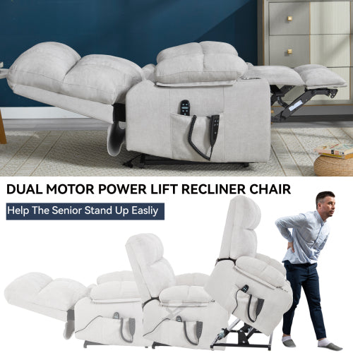 Beige Dual Motor Infinite Position Up to 350 LBS Chenille Power Lift Recliner Chair