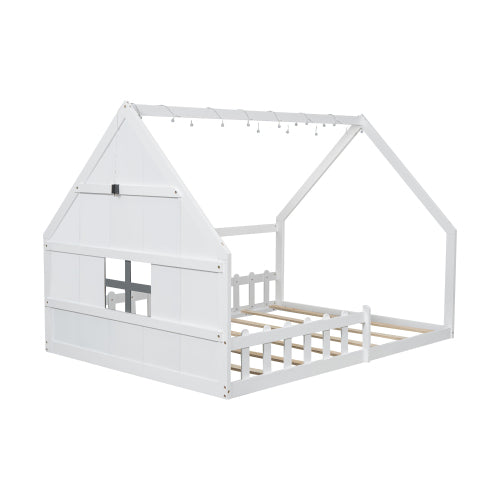 Full Size Wood House Bed with Window and Fence, White