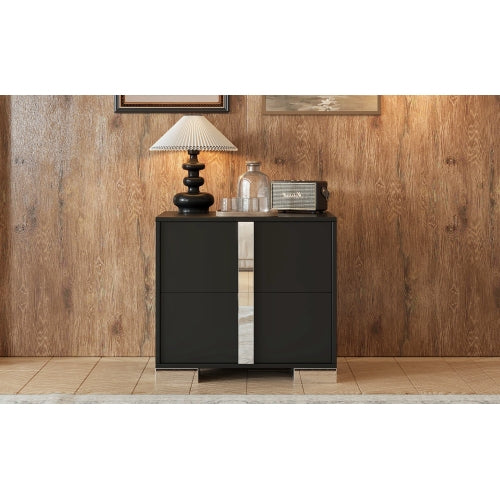 Elegant Nightstand with Metal Foot, Mirrored Bedside Table with 2 Drawers for Bedroom, Living Room, Black