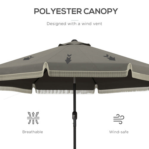 9ft Patio Umbrella with Push Button Tilt and Crank, Ruffled Outdoor Market Table Umbrella with Tassles and 8 Ribs, for Garden, Deck, Pool, Dark Gray