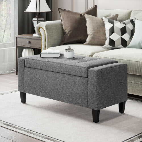 36.25 inch Gray Linen Tufted Storage Ottoman Bench, Lift Top Footrest, 330 LBS Rubberwood Leg End-of-Bed Stool