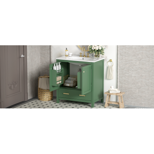 30 Inch Green Bathroom Vanity with Single Sink, Combination Under Counter Sink, Bathroom Storage Cabinet with 2 Doors and a Drawer, Soft Closure, Multifunctional Storage(WF324043)