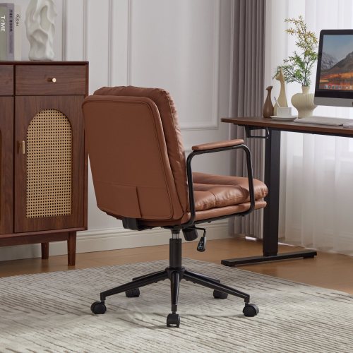 Office Chair,Mid Back Home Office Desk Task Chair with Wheels and Arms Ergonomic PU Leather Computer Rolling Swivel Chair with Padded Armrest,The back of the chair can recline 40°(Brown)