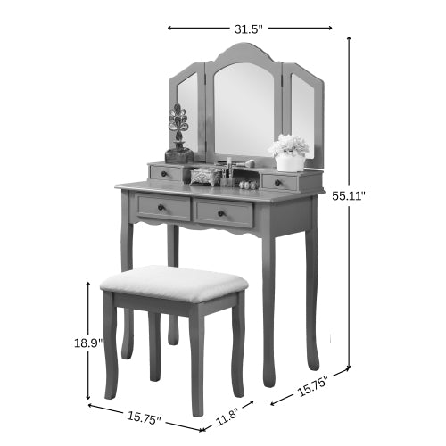 Antique White Wood Vanity & Stool Set, 3?Panel Beveled Mirror, 4 Drawers, Brushed Nickel Hardware