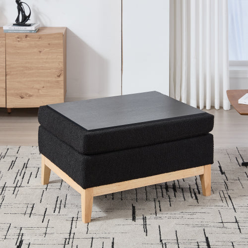 33.86 Inch Black Boucle Square Storage Ottoman, Reversible Lid Footrest with Rubberwood Legs, 300 LBS Weight Capacity