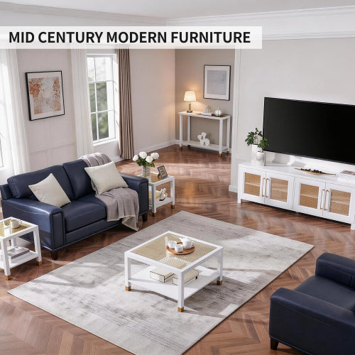 Modern Glass End Table with Metal Frame, 2-Tier Square Side Table for Living Room Bedroom Office, White