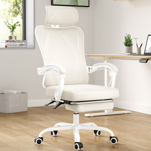 Ergonomic Office Chair with Footrest, Mesh Office Desk Chair with Headrest, High Back Computer Chair with Adjustable Lumbar Support for Home Office Study Room Bedroom, Beige