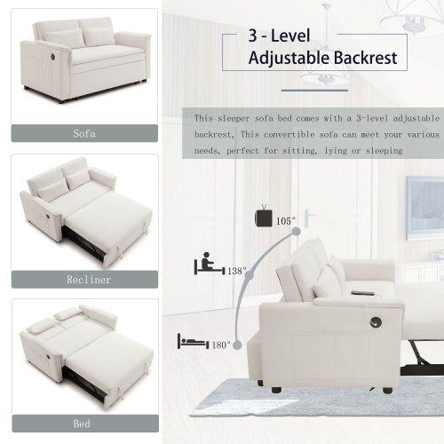 Beige 55 inch Velvet 3-in-1 Pull-Out Loveseat Sofa-Bed,USB & Side Pockets
