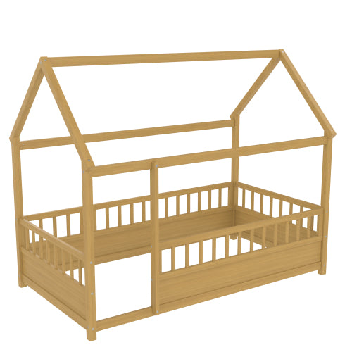 Twin Size Floor Wooden Bed with House Roof Frame, Fence Guardrails,(Twin,Natural)