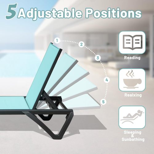 Outdoor Lounge Chair, 2 Pieces Aluminum Plastic Patio Chaise Lounge with 5 Position Adjustable Backrest and Wheels, All Weather Reclining Chair for Outdoor, Beach, Yard, Pool, Lake Blue