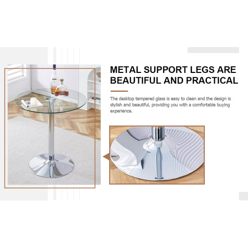 A glass tabletop with a diameter of 35 inches and a modern minimalist circular dining table with electroplated silver metal legs. Suitable for restaurants, living rooms, and conference rooms.