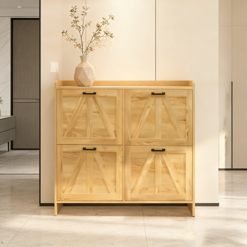Light Oak Rustic Barn-Door Shoe Cabinet with 4 Flip Drawers, Sleek Space-Saving Entryway Organizer for Living Room