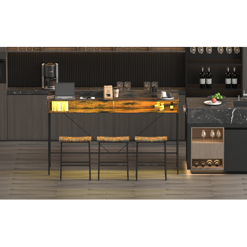 4-Piece 59inch Bar Table Set with LED Light & Outlet, MDF Table & 3 Saddle Stools for Living Room