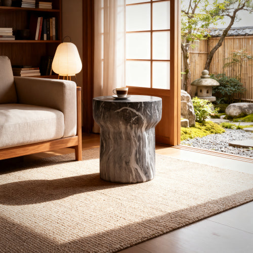 Cement Outdoor End Tables for Patio, GardenAccent Table Faux Terrazzo Accent Table, Modern Small Round Side Tablefor Outside, Tree Stump Garden Stool DrumTable indoor and Outdoor