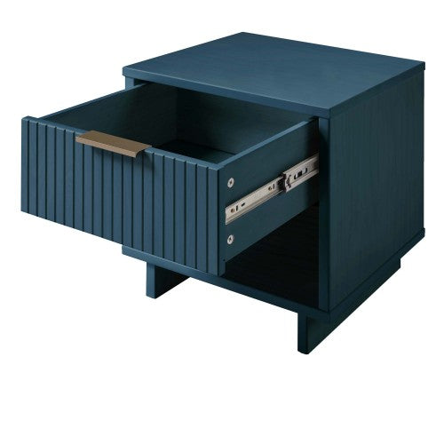 Midnight Blue Ribbed Solid Wood Nightstand