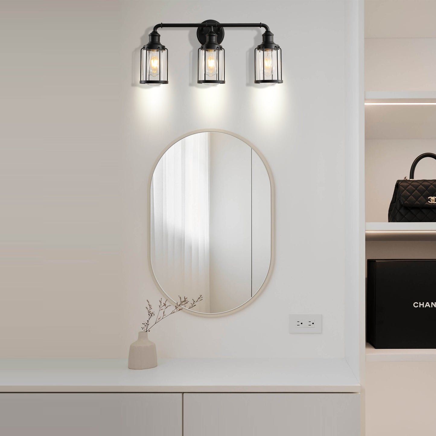 24 in. W 3-Light Matte Black Vanity Light with Clear Glass Shade