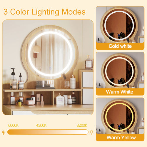 Makeup Vanity Desk with 3 Adjustable Lighted Mirror with solid wood table feet , Dressing Table Set with 4 drawers and 3 open shelves for Small space Bedroom