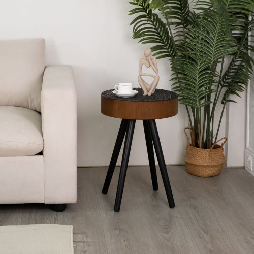 15.7inch Mini Round Wooden Side Table, Black & Brown