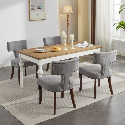 Set of 2 Gray Linen Mid-Century Farmhouse Dining Chairs, Copper Nail Curved Back Walnut Solid Wood Legs 300lbs Capacity
