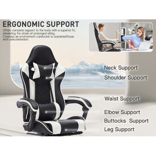 Gaming Chair with Footrest, Ergonomic Computer Chair with Headrest and Lumbar Support, Breathable Material Height Adjustable Video Game Chairs for Adults, Black White