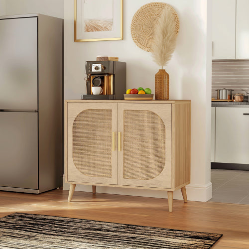 Farmhouse Buffet Cabinet with Rattan Doors Solid Wood Feet 4 Compartment Storage Cabinet
