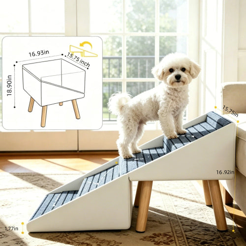 Beige 2-in-1 Foldable 4-Step Dog Ramp Ottoman 18.89 inch, Foldable Foot Stool for Small Dogs