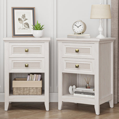 Grayish White Boho Rattan Nightstand with 2 Drawers & Open Shelf