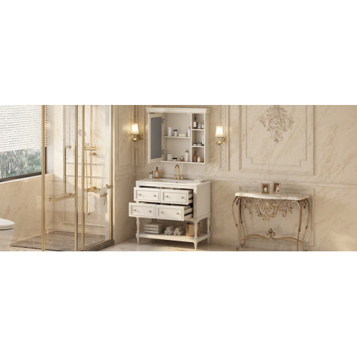 36'' Bathroom Vanity with Medicine Cabinet, Modern Mirror Cabinet with Adjustable Shelf, Bathroom Storage Cabinet with 4 Drawers, Solid Wood Frame Bathroom Storage Cabinet