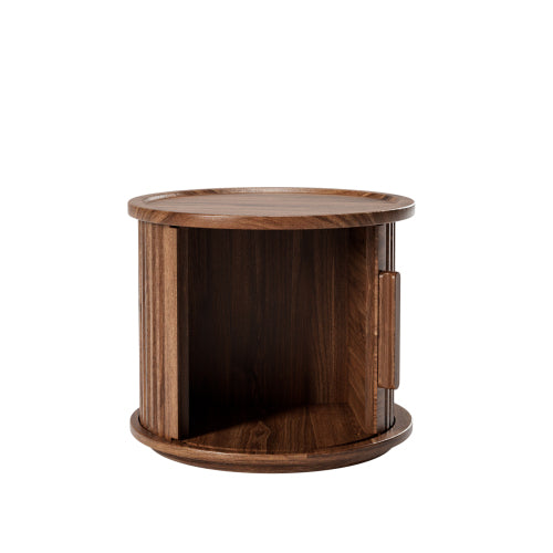 2 Pack Walnut Nesting Round Tables, Fluted Roman Column Design with Sliding Door
