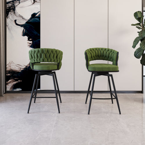 26inch Bar Chair Linen Woven Bar Stool Set of 2,Black legs Barstools No Adjustable Kitchen Island Chairs,360 Swivel Bar Stools Upholstered Bar Chair Counter Stool Arm Chairs with Back Footrest (Green)