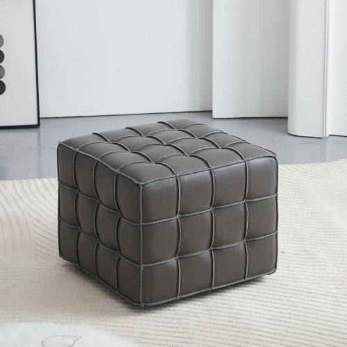 17.32 Inch Grey Genuine Leather Tufted Ottoman, Multi-Purpose Square Footstool for Bedroom & Living Room