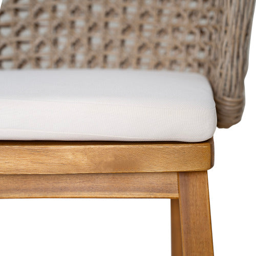 Outdoor Acacia Wood Bar Stools (Set of 2), Teak Finish Bar Height Chairs with Beige Cushion & Light Brown Wicker Back, Counter Height Stools for Patio, Poolside, Kitchen Island
