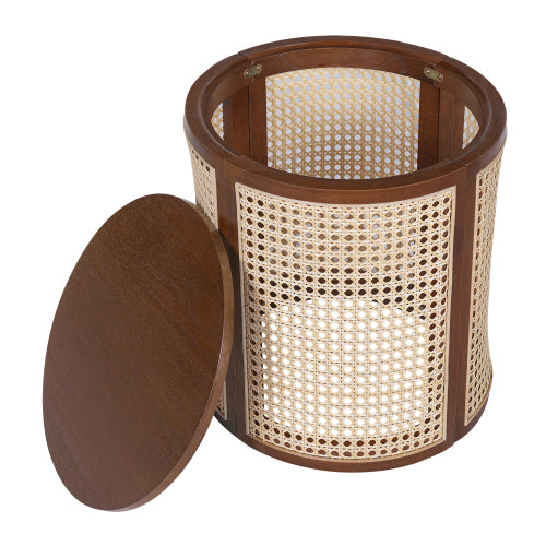 Dark Brown Round Rattan End Table, 15.7 Inch Woven Side Table with Wood Top, Small Nightstand for Bedroom Living Room