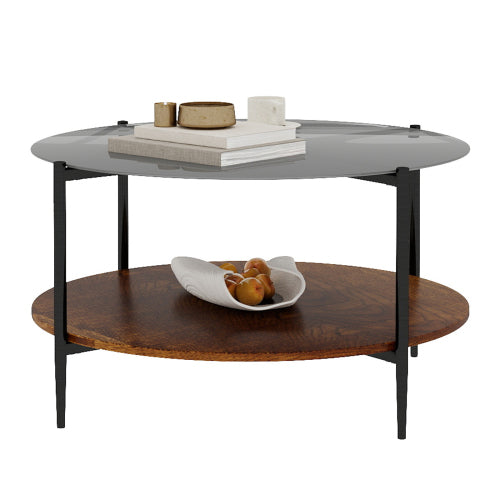 Mid Century Round Coffee Table Glass Top Wood Shelf Metal Frame Living Room Table