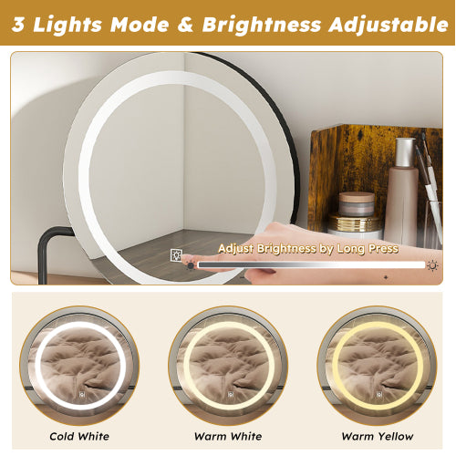 Makeup Vanity with LED Lights&3 Color and Power Outlet Makeup Vanity Table with 2 big Drawers with Sturdy Metal Leg and Metal Chair ,Dressing Table for Bedroom Dressing Room (brown)