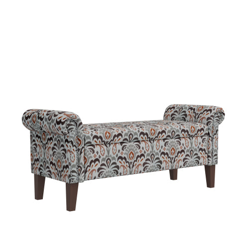 Traditional Rolled Arm Storage Bench Otttoman with Pewter Nailhead Trim in Amber Damask Pattern with Dark Brown Solid Wood Legs