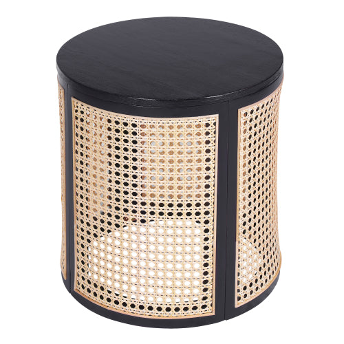 Round Rattan End Table, 15.7 Inch Woven Side Table with Rubber Wood Top, Small Nightstand for Living Room Bedroom, Black