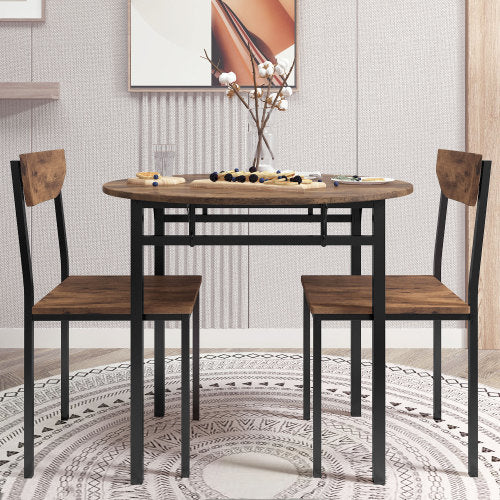 3-Piece Black Frame Round Drop Leaf Dining Set, 2 Chairs
