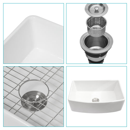 30" White Farmhouse Sink - 30 x 19 x 10 inch White Kitchen Sink Ceramic Porcelain Arch Edge Apron Front Single Bowl Farm Kitchen Sinks