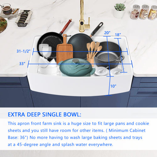 Fireclay 33" L X 20" W Farmhouse Arch Edge Apron Front Single Bowl Kitchen Sink