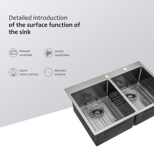 Double Bowl Drop in Sink- 33" x 22" x 10" Gunmetal Black Double Bowl Kitchen Sink 16 Gauge with Two 10" Deep Basin