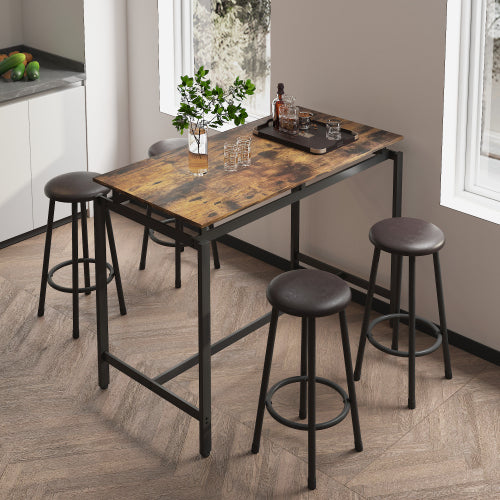 5-Piece Rustic Brown Farmhouse Dining Set, MDF & Iron Frame Counter Height Table with 4 Backless Stools