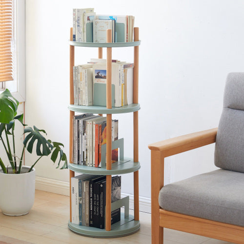 4 Tier 360° Rotating Beech Wood Storage Bookshelf Household Space-saving Display Rack