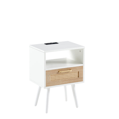 Rattan Nightstand with Charging Station, USB Ports and Drawer, Modern Bedside Table with Solid Wood Legs, White
